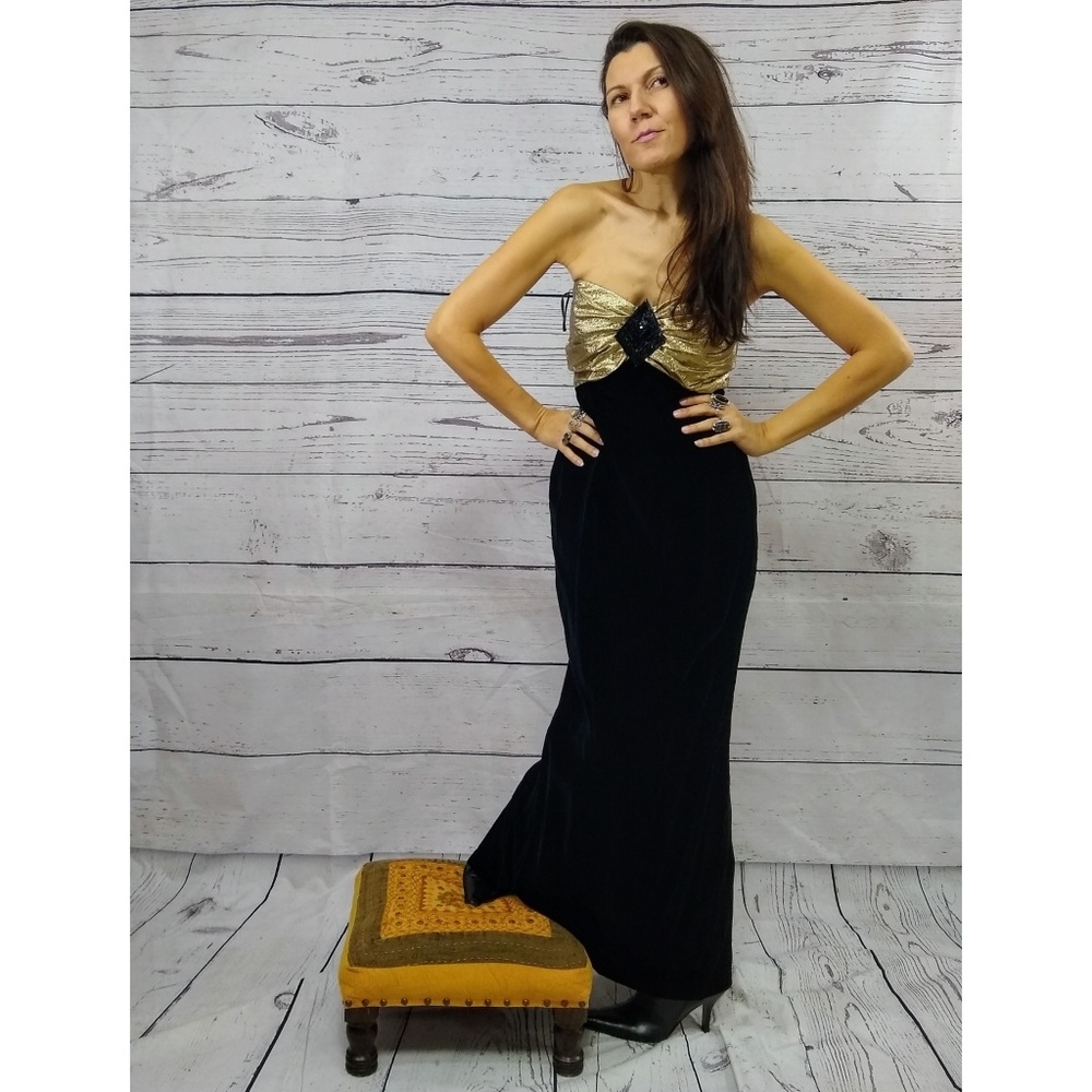 90s glam lame and velvet strapless dress